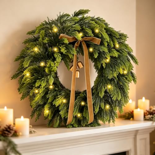 WANNA-CUL 22 Inch Real Touch Cedar Lighted Christmas Wreath for Front Door