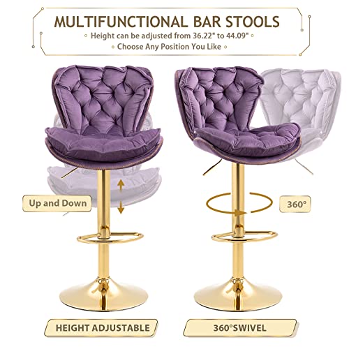 Kinffict Bar Stools Set Of 2, Velvet Counter Height Adjustable Barstools, Swivel Dining Bar Chairs Upholstered Modern Bar Stool For Kitchen Island, Cafe, Bar, Bar Counter, Dining Room, Dark Purple #TOP2