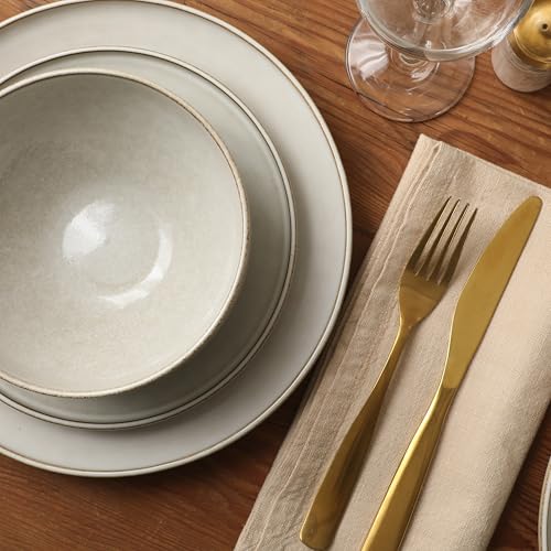 Image of Gibson Elite White Sands Plates and Bowls Sets, 12-Piece Stoneware Dinnerware Sets, Reactive Glaze Dish Set - Moonstone White