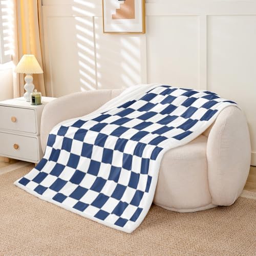 Image of Erosebridal White Blue Plaid Throw Blanket Throw 50 inchX60 inch Navy Blue Checkerboard Fleece Bed Blanket for Kids Boys Teen,Checkered Grid Sherpa Blanket Modern Aesthetic Geometric Fuzzy Blanket