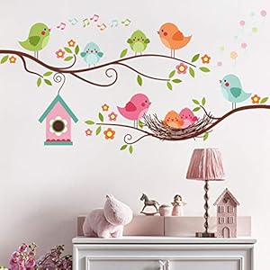 Robin Bird and Tree Branch Wall Stickers, Colorful Cute Cartoon Lovely Birds Singing On The Branch with Flowers Wall Decal, DILIBRA Removable DIY Mural Decorations for Living Room Bedroom Baby Room