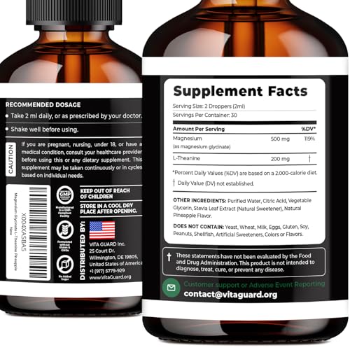 Image of Vita Guard Magnesium Glycinate 500mg & L-Theanine 200mg Liquid Drops - Maximum Absorption Sleep, Calm & Stress Relief Supplement - Sugar-Free, Natural Pineapple Flavor, Non-GMO - 60ml, 30-Day Supply