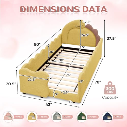 Image of Twin Size Kids Bed with Dinosaur Headboard, Upholstered Boucle Fabric Twin Daybed with Slats Support & Side Pocket, Space-Saving Wooden Corner Sofa Couch Day Bed Frame for Girl, Boy, Teenager(Yellow)