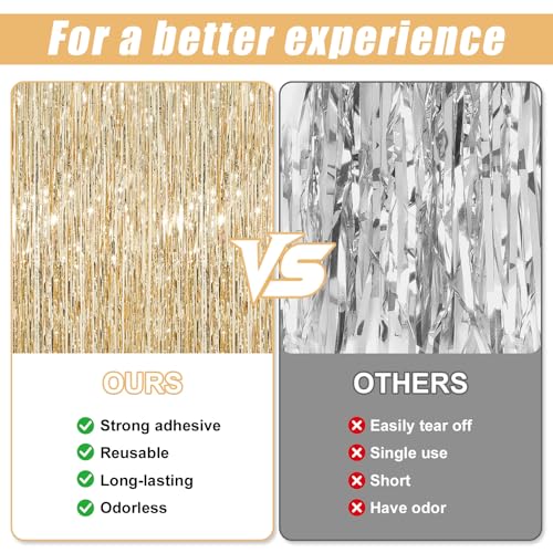Image of 2 Pack Champagne Gold Foil Fringe Curtains Streamers Party Decorations 3.3 x 8.2 ft, Tinsel Curtain Fringe Backdrop for Parties, Door Fringe Birthday Streamers, Photo Booth Backdrops, Party Decor