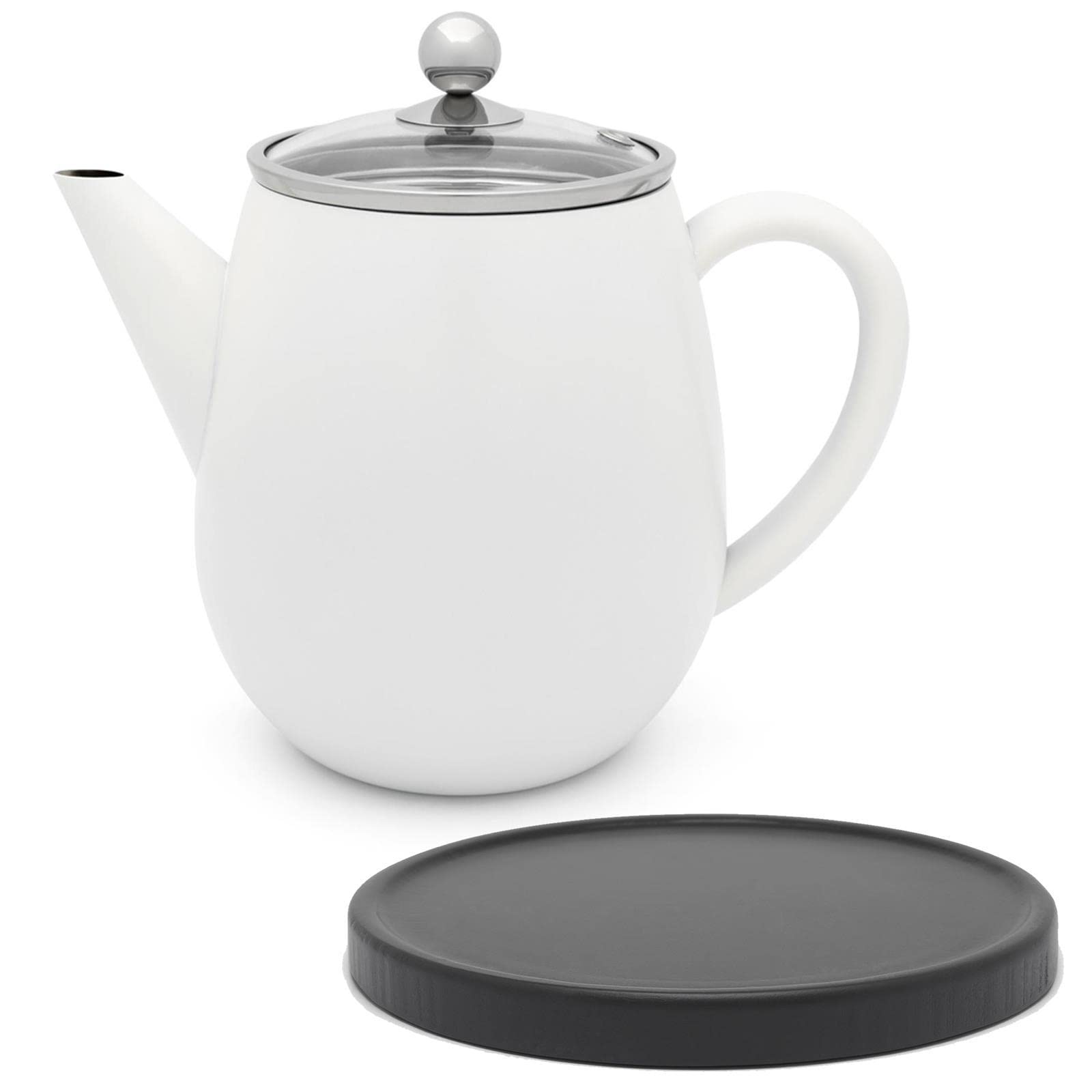 Bredemeijer doppelwandige Teekanne 1.1 Liter - weiße Edelstahl Kanne mit Glasdeckel - Tee-Filter Sieb-Einsatz & schwarzen Holzuntersetzer - ideal für losen Tee