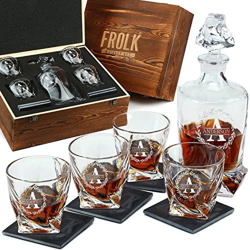 Personalized Whiskey Decanter And Glasses Set - Customized Gift For Him - Men, Dad, Father, Brother, Son - Engraved Twisted Whiskey Decanter, 4 Xl Glasses, 4 Slate Coasters In Premium Wooden Gift Box #TOP9