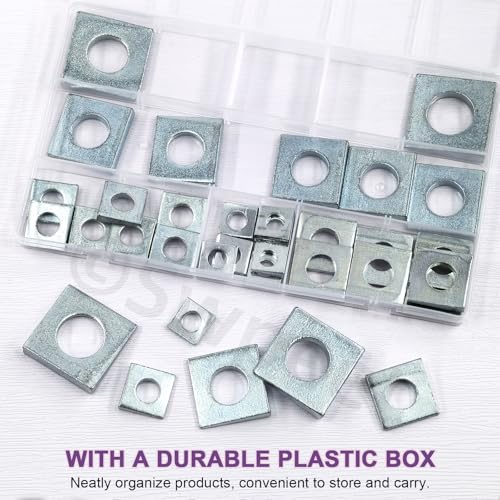 Swpeet Quadrat schräg Lager Strut Platte 34pcs 6 Größen M8 / M10 / M12 / M16 / M18 / M20 verzinktes Silber schräg quadratische Scheiben Sortiment-Kit, keilförmige Scheiben in Kohlenstoffstahl