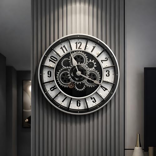 Image of Xtore Striking Industrial Moving Gear Wall Clock for Living Room, Office & Study Decor | Skeleton Dial Design with Exposed Gear Detailing & Bold Numeric Markers (Black & White, 45 cm)
