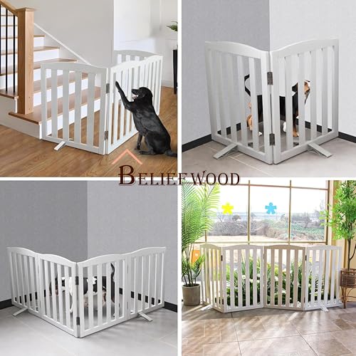Image of Freestanding Pet Gate, Folding Safety Fence Wooden Kids & Dog Gate with 2PCS Support Feet Ideal for Stairs, Doorways, Halls, Kitchens, Indoors Gates, 24 inch(60 Cm), White (2 Panel)