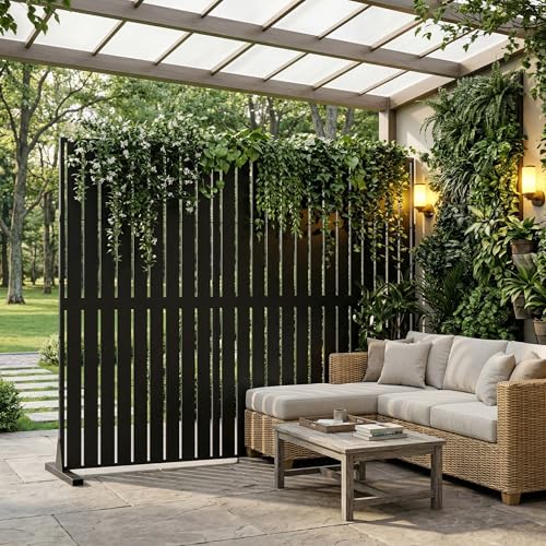 UISEBRT Paravent Outdoor wetterfest mit Ständer Freistehend Trennwand sichtschutz aus Metall Raumteiler Rankhilfe für Wohnbereich Balkon Terrasse & Garten Schwarz Lamellenzaun