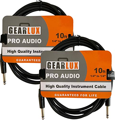 Gearlux Instrument Cable/Guitar Cable, 1/4 Inch, Straight to Straight, Black, 10 Feet - 2 Pack
