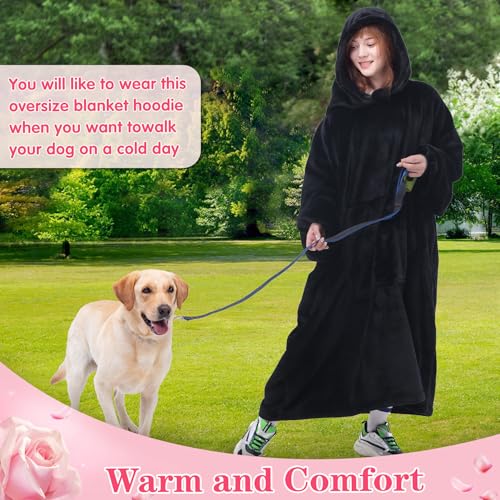 Image of Waitu Wearable Blanket Sweatshirt Gifts for Women and Men, Warm and Cozy Giant Blanket Hoodie, Thick Flannel Blanket with Sleeves and Giant Pocket - Black