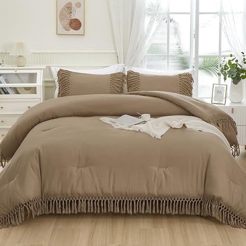 Image of Andency Taupe Full Size Comforter Set, 3 Pieces Boho Tassel Lightweight Soft Bedding Comforter Sets, All Season Fluffy Fringe Bed Set (79x90In Comforter & 2 Pillowcases)