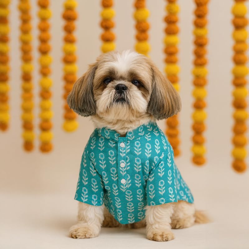 Image of Thunder Tails Soft Cotton Dog Kurta for Small Dogs & Puppies | Comfortable Stylish Outfit for Shitzu, & French Bulldog | Pet Apparel for Casual, Party (Teal, X-Large)