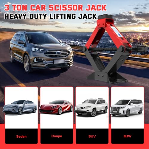 Image of Portable Car Jack 3 Ton, Heavy Duty Scissor Jack for Car, Spair Tire Changing kit with Ratchet Wrench, Tire Jack Kit for Car SUV MPV