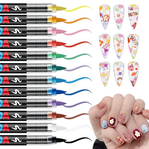 Image of 12 Colors Nail Art Pens Set, Nail Polish Pens Quick Dry, Multi-colors