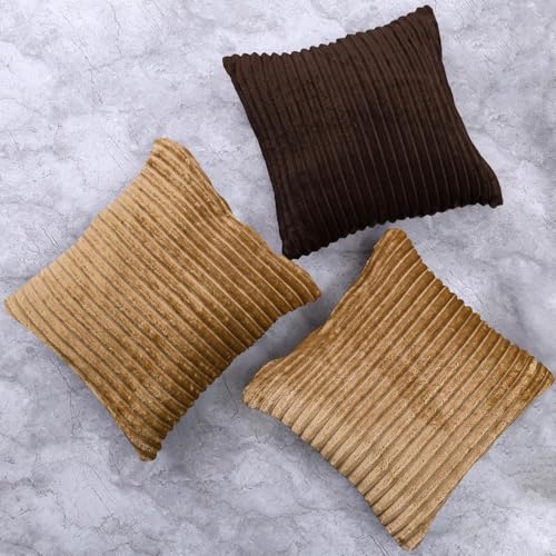 Image of Yellow Weaves Pencil-Stripe Fur Cushion Covers | Soft Polyester | Decorative Sofa & Throw Pillow Covers | 16x16 Inches, Pack of 3 (Coffee & Golden Brown)