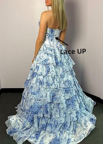 Generic Tulle Floral Prom Dress for Teens Tiered Strapless Long Ruffle Sweetheart Formal Evening Gowns with Slit 20253