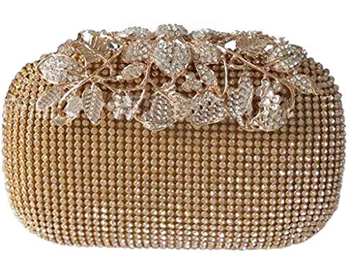 TOOBA Women Handicraft Beautiful Diamond Crystal Flower Box Clutch Bag Purse For Bridal, Casual, Party, Wedding (Diamond Gold)