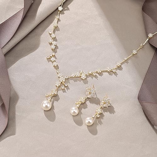 Image of White Faux Pearl Leaf Vine Bridal Cubic Zirconia Jewelry Set for Women | Wedding Party Necklace Earrings for Bridesmaid Bride