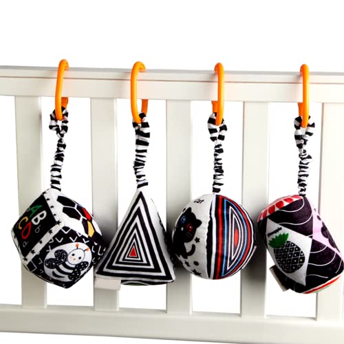 Kakiblin Baby Hanging Rattle Toys, 4 Pack Car Seat Stroller Toys Soft Squeaky Toys For Baby 0-6 Months Newborn Infant Car Bed Travel Activity, White And Black #TOP1