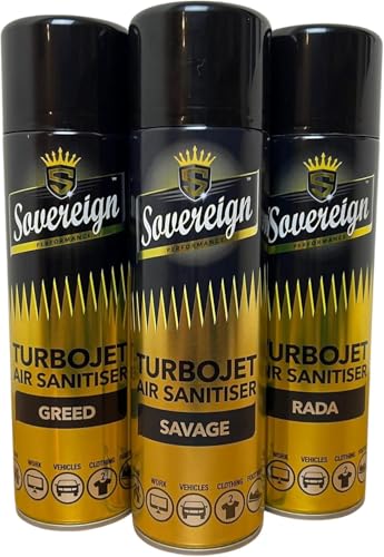 CD Sovereign Aerosols 3-Pack Designer Fragrance Turbojet Air Sanitiser & Freshener Spray 500 ml Savage Greed RADA Odour Neutraliser for Car Home Office & Gym