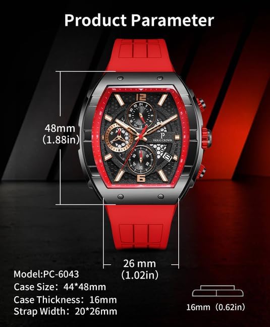 Mens Watches Luxury Tonneau Watch for Men Quartz Japanese Movement Waterproof Luminous Sport Red Dress Watch, Gifts for Men - Image 4
