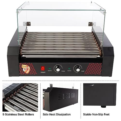 Image of Hot Dog Roller Machine with Cover - 1170W Stainless-Steel Cooker with 9 Rollers - 24 Hotdog Capacity Electric Grill by Great Northern Popcorn
