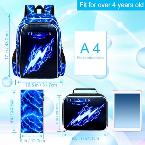 Image of 3Pcs Backpack for Boys, Lightning Kids Bookbag with Lunch Box, 17 inch School Backpacks for Elementary Preschool Kindergarten (Blue)