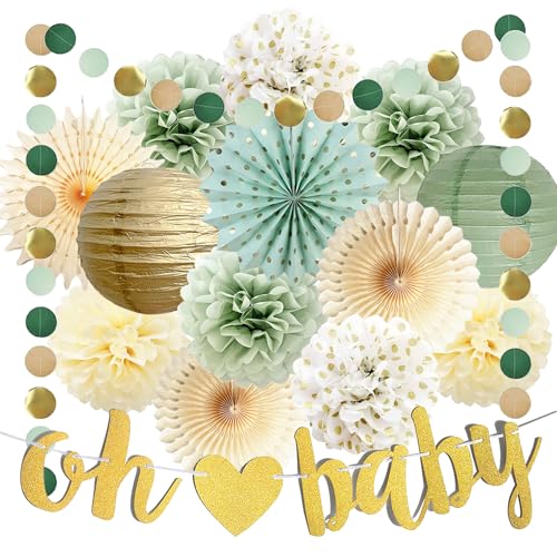 Salbeigrüne Baby Shower Deko Babyparty Dekoration Junge Oh Baby Banner...