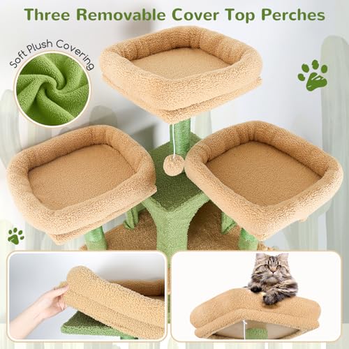 Image of Globlazer Big Cactus Cat Tower for Indoor Cats, 80inch Cat Tower for Multiple Adult Cats XXL Cat Tree with Scratching Post, Hammock, 3 Perches, 2 Condos, 2 Hanging Basket, F80, Green