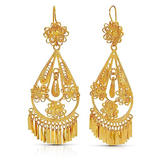 Folklorico Mexican Filigree Gold Earrings - Traditional Jewelry from Oaxaca, Flower Tear Drop, Mexican Earrings