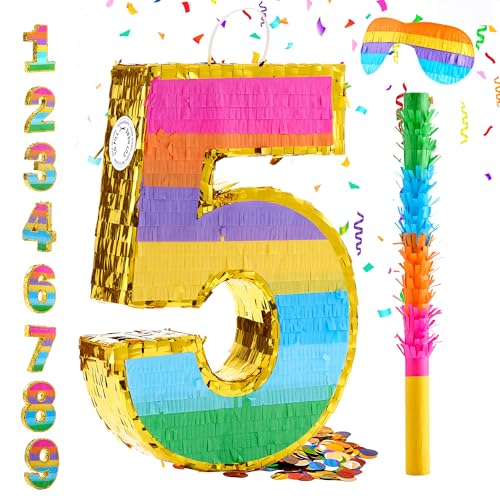 MUWOOB Rainbow Number 5 Pinata for 5th Birthday Party Decorations, Birthday Pinata with Stick Blindfold and Confetti, Kids Anniversary Celebration, Fiesta (Small, 16.5 x 11.5 x 3 In)
