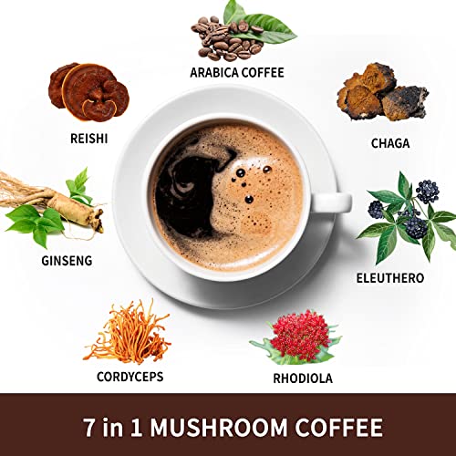 Mushroom Coffee Mix 7 in 1, TCM Designed for Energy with Reishi, Cordyceps, Chaga, Rhodiola, Ginseng, and Eleuthero Mushroom Extracts – 12 Sachets - Image 6