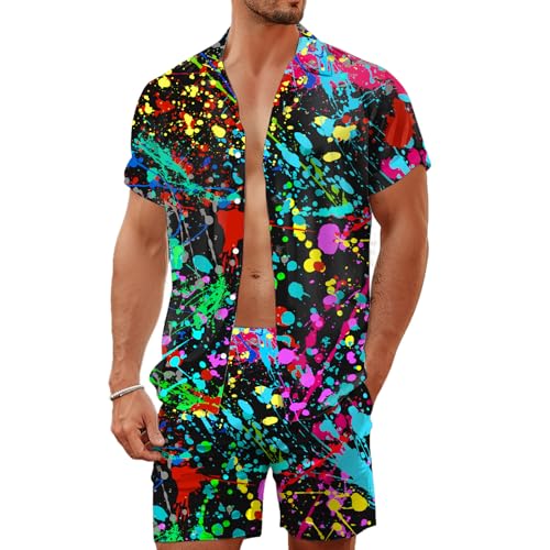 LESOCUSTOM Men Neon Rave 2 Piece Hawaiian Shirt and Tie Dye Shorts Sets Funny Glow Party Button Down Beach Suits Disco Outfits Tracksuit, L