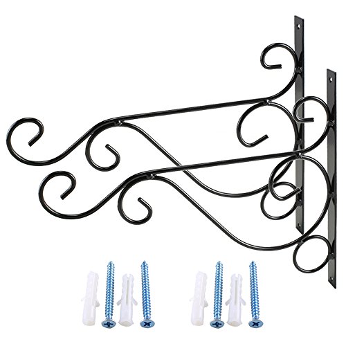 2 PCS Wall Mount Flower Pot Holder Hanging Plant Brackets, Anpatio 10 Inches Sturdy Iron Wall Mount Flower Basket Hook Indoor Outdoor Planter Pot Bird Feeder Hanger Birdcage Lantern Hanger Black