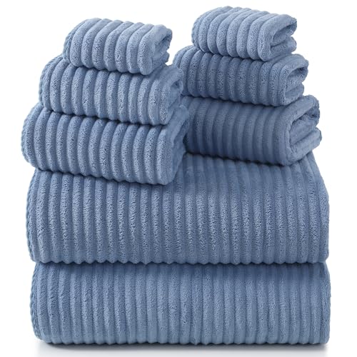 REDKISS Blue Bath Towels Set 8 Piece - Microfiber Bathroom Towels of 8 Large Highly Absorbent Bath Towel Soft Shower Towel for Bathroom Hotel 2 Bath Sheet 2 Hand 2 Washcloths 2 Hair Towel Wrap