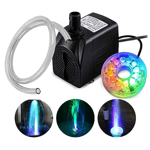 PULACO 160GPH Small Fountain Pump 10Watt Submersible Pump with Automatic Color Changing LED Light and 3.3 ft Tubing for Water Feature Outdoor Pond Aquarium fish tanks