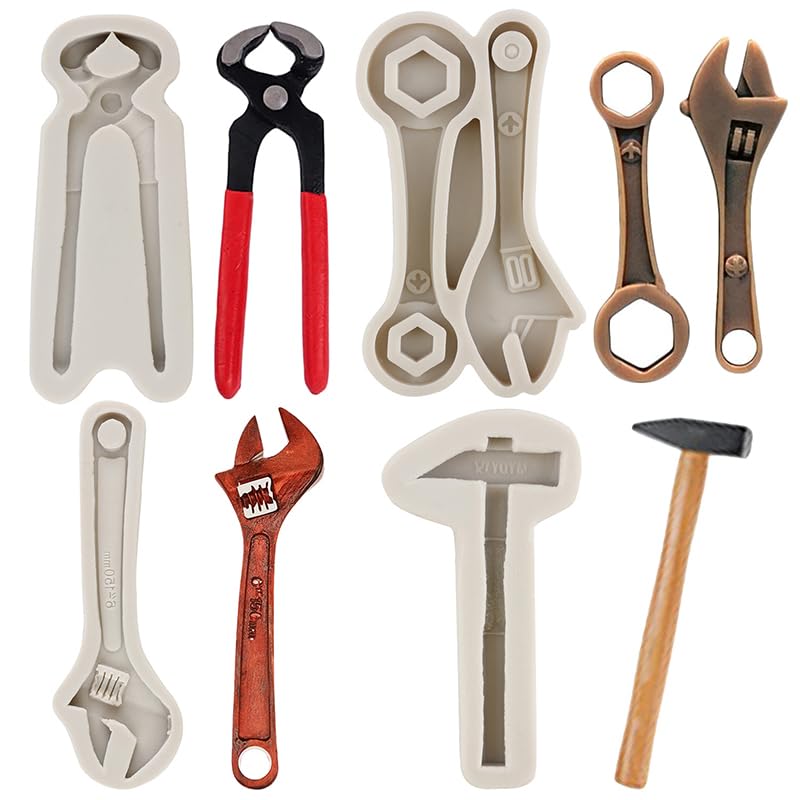 MYPRACS Hand Tools Silicone Mould Pliers Hammer Wrench Chocolate Fondant Moulds for Cupcake Topper Cake Decorating Candy Gum Paste Polymer Clay Set of 4