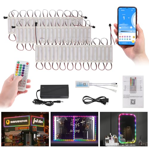Image of BEAMNOVA 30Ft RGB Commercial Storefront Light Kit 60pcs LED Modules, Remote, Bluetooth App Control, DC 12V Voltage Transformer, Adhesive Waterproof Outdoor Strip Lights, Large Lens