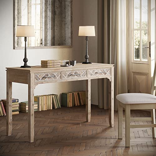 Image of Jofran Mid-Century Modern Chevron Desk with 3 Drawers and USB Charging, 48 inch Writing Desk for Home Office, Grey Wash