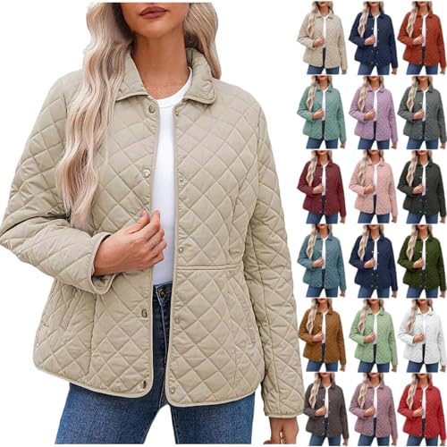 Quilted Jackets For Women Long Sleeve Button Down Lightweight Puffer Jacket Outerwear Coats with Pockets Beige women's jackets M