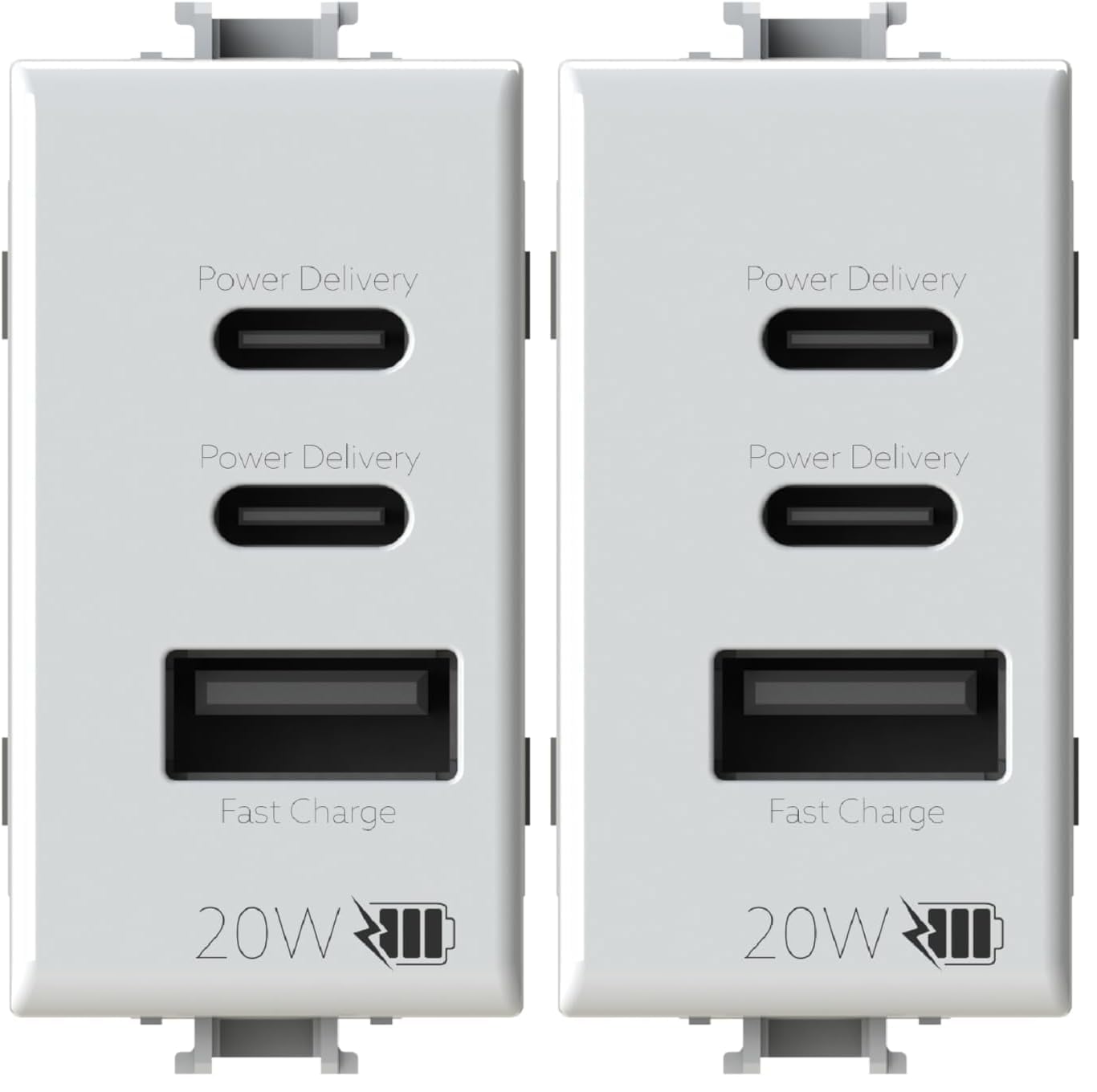 4box - Alimentatore USB CCA 20W compatibile Bticino® Matix™, per caricare i tuoi dispositivi senza bisogno di alimentatori. 3 connettori: due di tipo C e uno di tipo A. Colore Bianco (Confezione da 2)