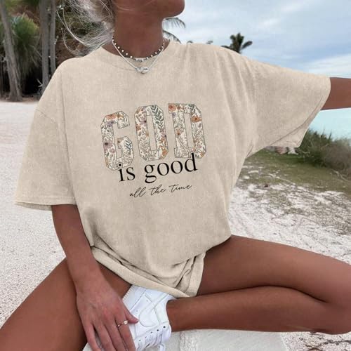 Image of Christian God is Good Shirts for Women Jesus Faith Religious T Shirts Floral Graphic Oversized Acid Washed Tee Tops