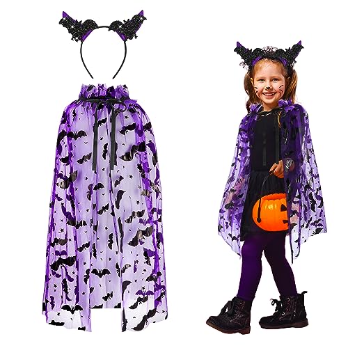 Hifot Disfarce morcego menina 2 peças, capa de morcego tule roxo e diadema de morcego acessórios de Halloween para festa de Halloween cosplay roupa de fantasia carnaval conjunto de papéis