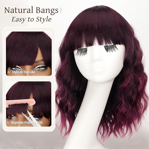 Image of Nnzes Short Wavy Bob Wig with Bangs for Women Shoulder Length Curly Wine Red and Black Synthetic Heat-Resistant Fiber Hair for Daily & Party Use