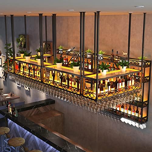 LED Ceiling Wine Rack Modern Hanging Wine Bottle & Glass Holder Stylish Goblet Stemware Storage for Home Bar & Coffee Decor Space Saving Wine