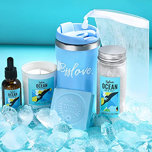 Coffret Cadeau Homme 6 PCS Océan Parfum Coffret, Mug de Voyage, Huile de Massage, Sel de Bain, Bougie Parfumée, Solide, Filet en Mousse, l'aromathérapie,Idees Cadeau Fête des Meres et d’Anniversaire - Image 3