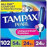 Tampax Pearl Tampones para mujer, paquete múltiple, con trenzado LeakGuard, super/súper Plus/ultra absorción, sin perfume, 102 unidades (3 paquetes de 34)