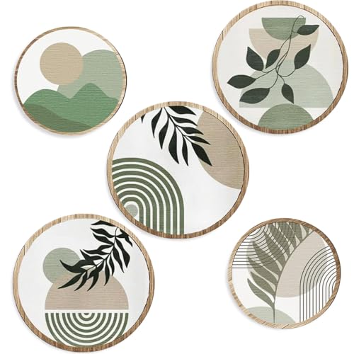 Exquilnova 5 Stück Holz Boho Wand Deko, Boho Wanddeko Grün, Moderne Wanddeko Wohnzimmer, 3D Runde Vintage Wanddekoration für Bauernhaus Flur Schlafzimmer Kinderzimmer (Grün 5 Stück)